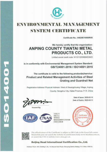 중국 Anping Tiantai Metal Products Co., Ltd. 인증